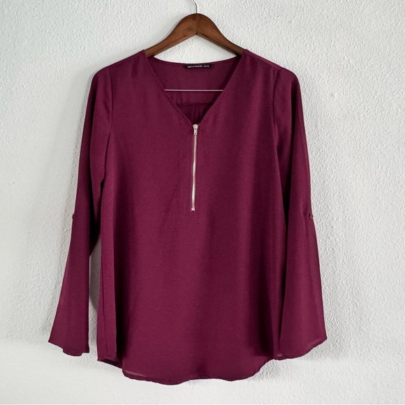 Half Zip Roll Tab Blouse Rioja Wine Zac & Rachel Petite Medium Style GT82LMQP7 - Picture 10 of 10